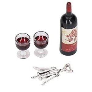 Miniature 1:12 Dollhouse Decor Red Wine Bottle With Opener And Glasses